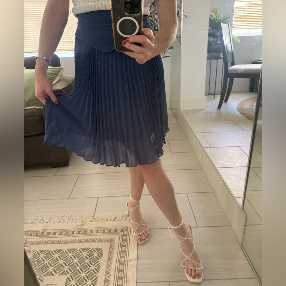 Reiss Blue Pleated Skirt with Scallop Waistband